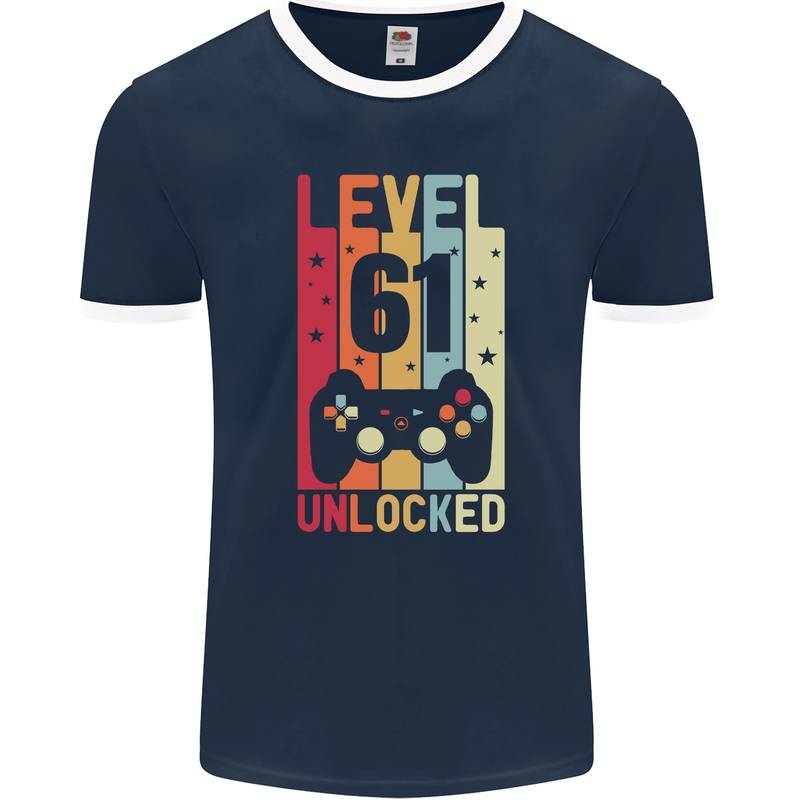 61st Birthday 61 Year Old Level Up Gamming Mens Ringer T-Shirt FotL Navy Blue/White