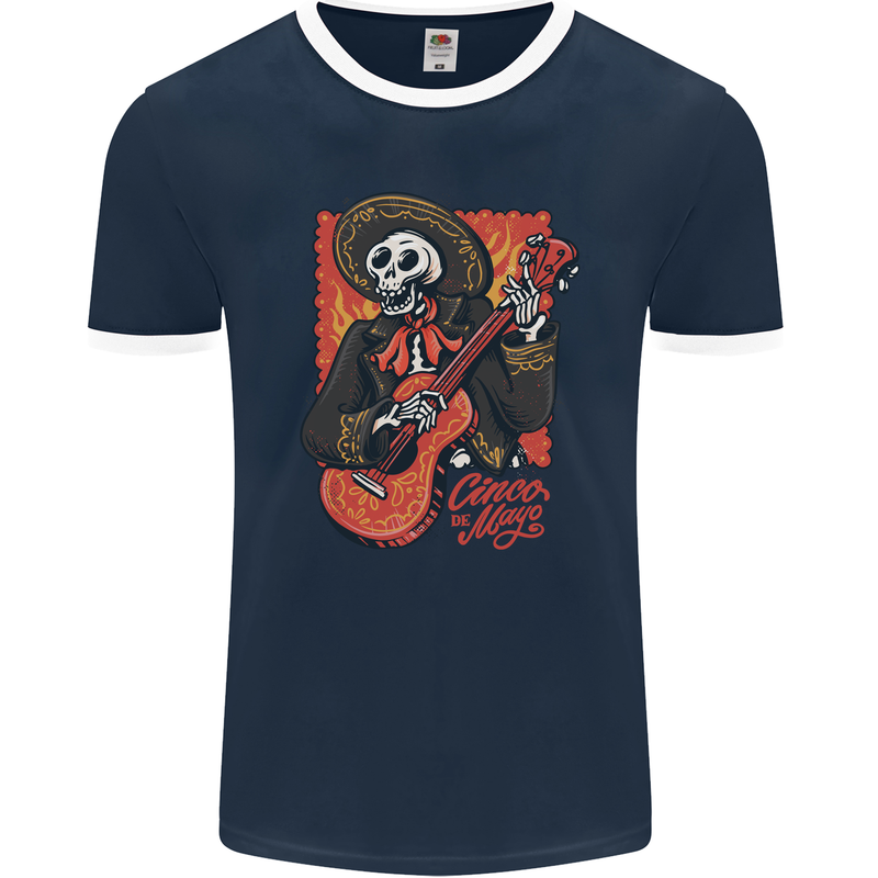 Mariachi Skeleton Cinco De Mayo Skull Mens Ringer T-Shirt FotL Navy Blue/White