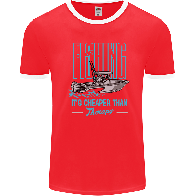 Fishing It's Cheaper Than Therapy Fisherman Mens Ringer T-Shirt FotL Red/White