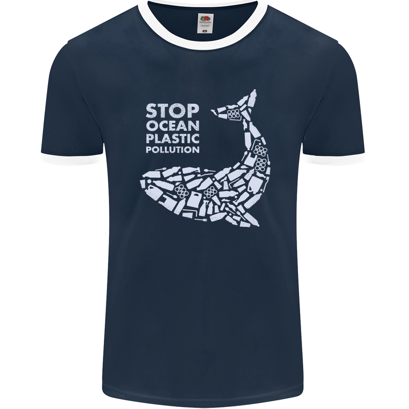 Stop Ocean Plastic Pollution Climate Change Mens Ringer T-Shirt FotL Navy Blue/White