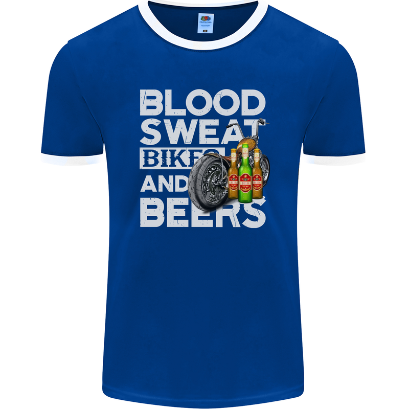 Blood Sweat Bikes & Beer Funny Motorcycle Mens Ringer T-Shirt FotL Royal Blue/White