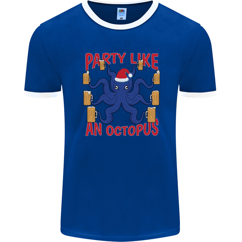 Beer Party Octopus Christmas Scuba Diving Mens Ringer T-Shirt FotL Royal Blue/White