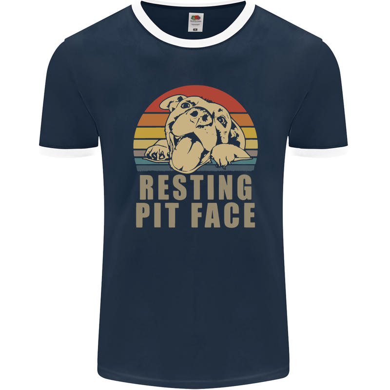 Resting Pit Bull Face Funny Dog Puppy Mens Ringer T-Shirt FotL Navy Blue/White