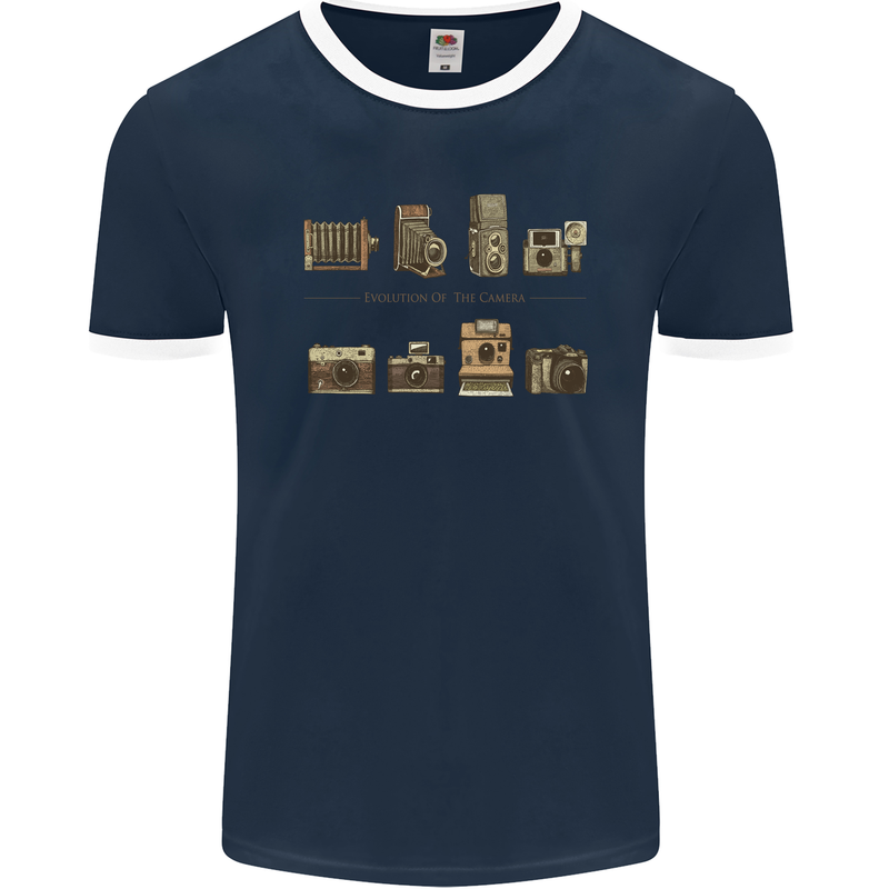 Photography Camera Evolution Photograper Mens Ringer T-Shirt FotL Navy Blue/White