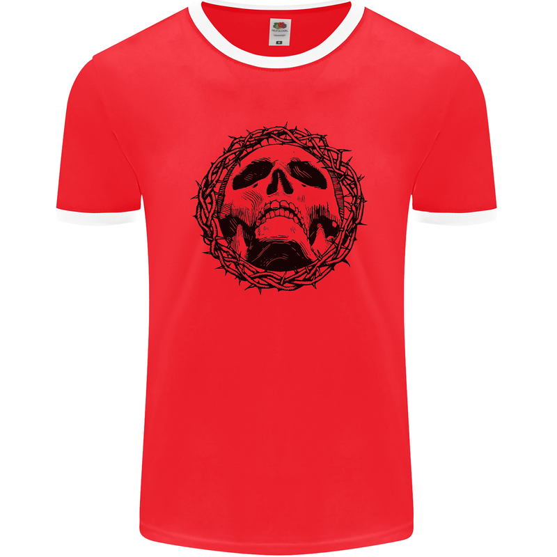 A Skull in Thorns Gothic Christ Jesus Mens Ringer T-Shirt FotL Red/White