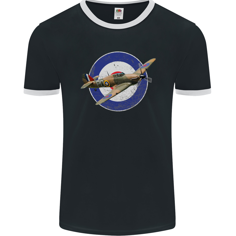 Hawker Hurricane With RAF Ensign Mens Ringer T-Shirt FotL Black/White