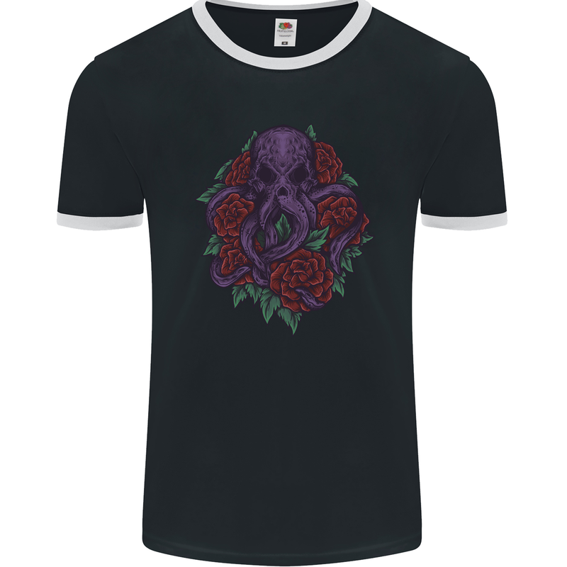 Octopus Skull Cthulhu Kraken With Roses Mens Ringer T-Shirt FotL Black/White