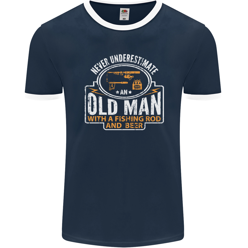 An Old Man With a Fishing Rod & Beer Funny Mens Ringer T-Shirt FotL Navy Blue/White