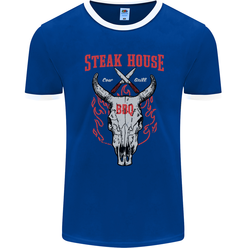 Steak House BBQ Cow Skull Grill Beef Food Mens Ringer T-Shirt FotL Royal Blue/White