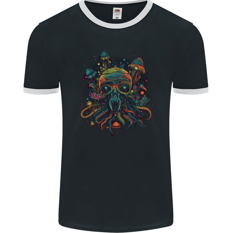 Magic Mushrooms Trippy Alien Octopus Cthulhu Mens Ringer T-Shirt FotL Black/White