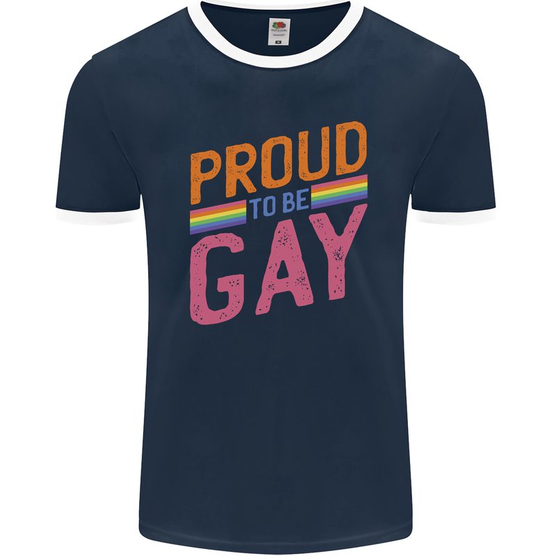 LGBT Pride Awareness Proud To Be Gay Mens Ringer T-Shirt FotL Navy Blue/White