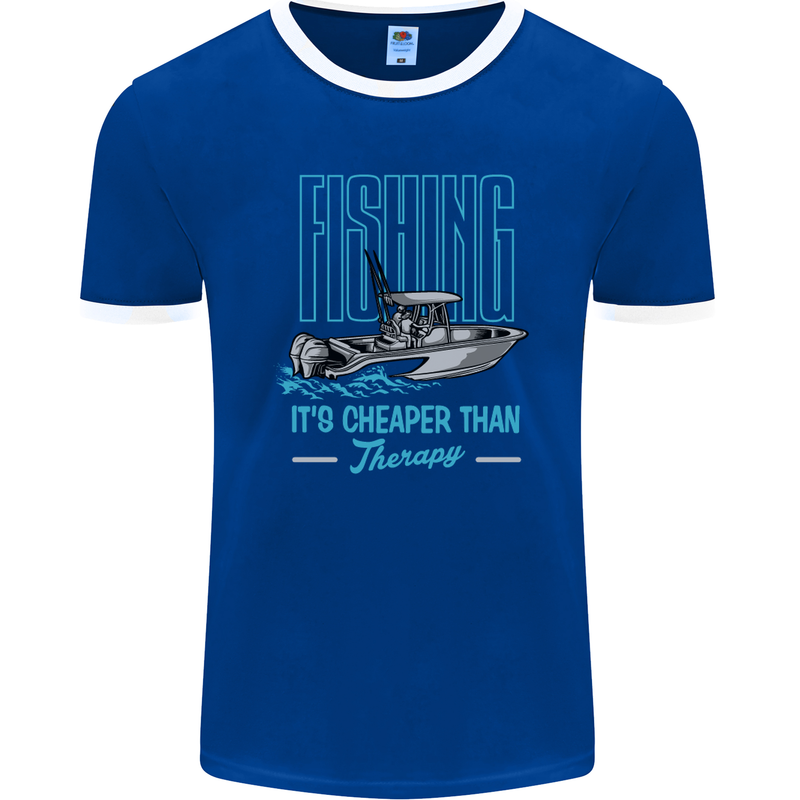 Fishing It's Cheaper Than Therapy Fisherman Mens Ringer T-Shirt FotL Royal Blue/White
