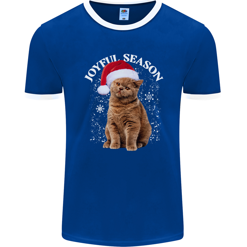 Joyful Season Christmas Funny Cat Xmas Mens Ringer T-Shirt FotL Royal Blue/White