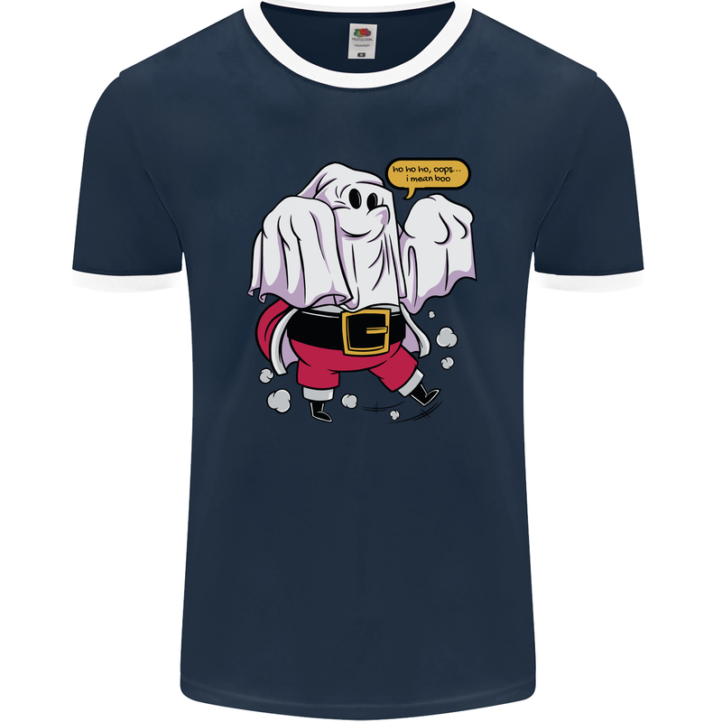 Funny Santa Ghost Christmas Halloween Mens Ringer T-Shirt FotL Navy Blue/White