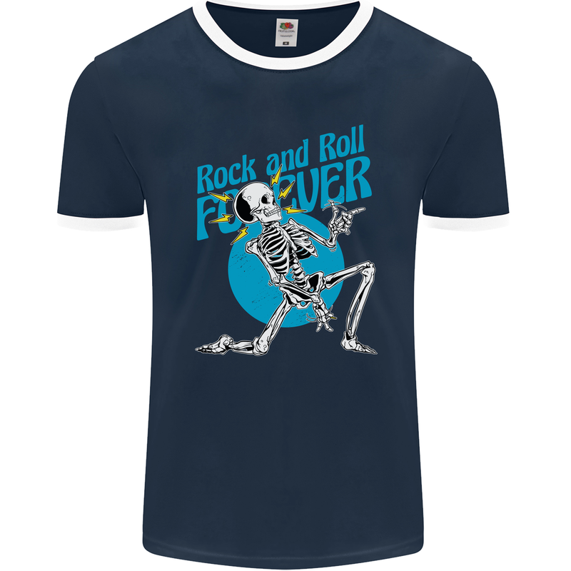 Rock & Roll Forever Air Guitar Skeleton Skull Mens Ringer T-Shirt FotL Navy Blue/White