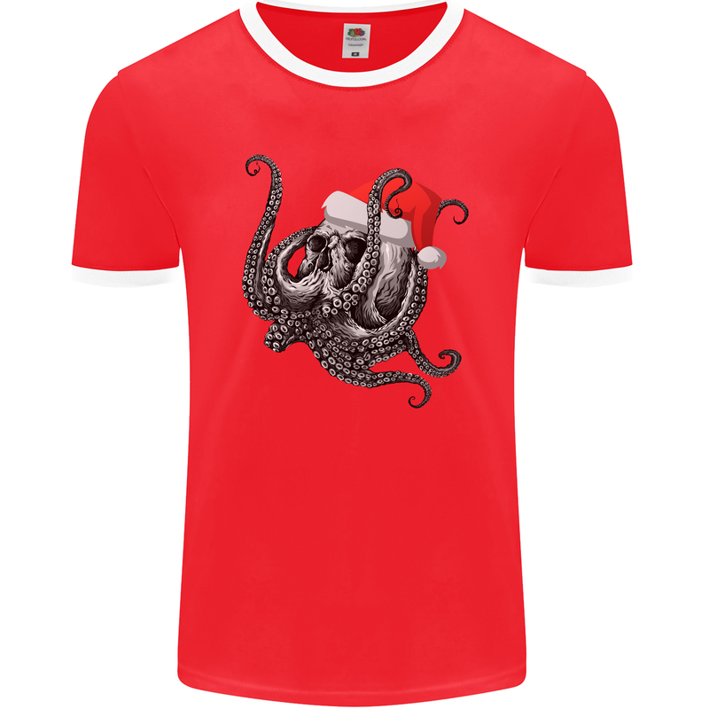 Christmas Cthulhu Skull Mens Ringer T-Shirt FotL Red/White