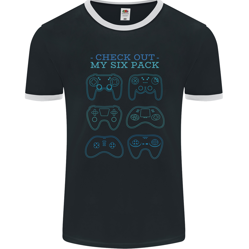 Six Pack Controller Funny Gaming Gamer Mens Ringer T-Shirt FotL Black/White