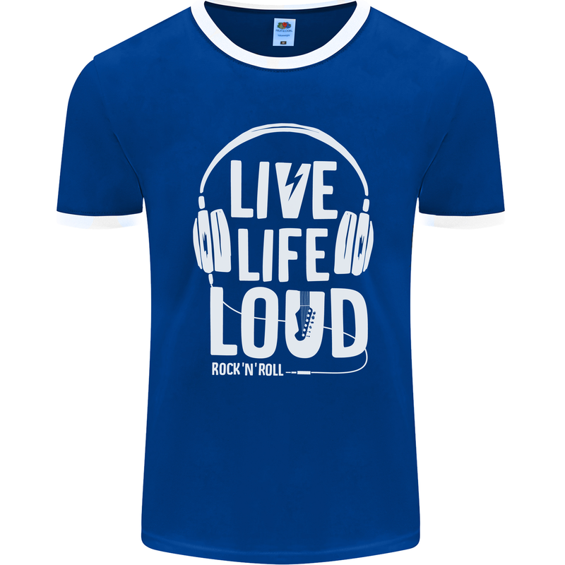 Music Live Life Loud Rock n Roll Guitar Mens Ringer T-Shirt FotL Royal Blue/White