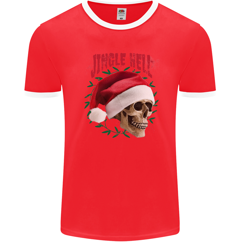 Jingle Hell Funny Christmas Skull Xmas Mens Ringer T-Shirt FotL Red/White