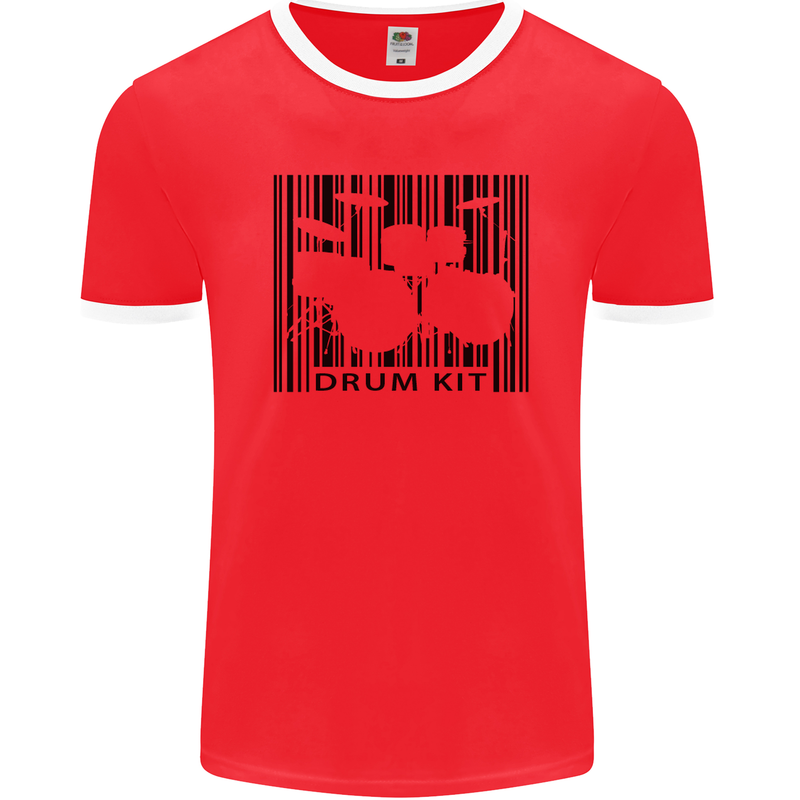 Drum Kit Barcode Drummer Drumming Mens Ringer T-Shirt FotL Red/White