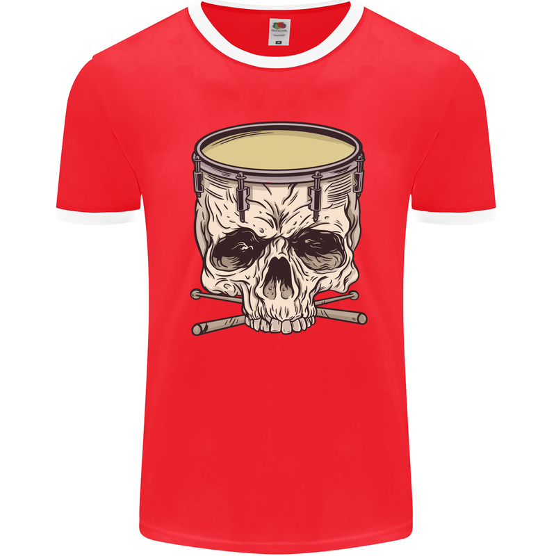 Skull Snare Drum Drummer Drumming Mens Ringer T-Shirt FotL Red/White