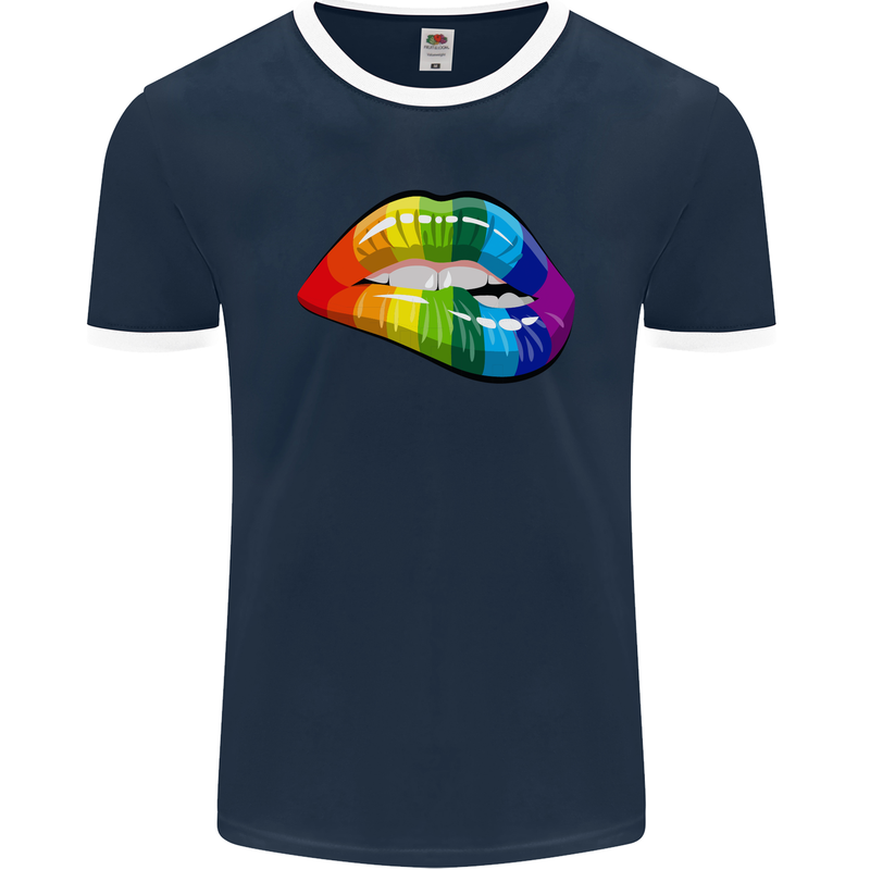 LGBT Bitten Lip Gay Pride Day Mens Ringer T-Shirt FotL Navy Blue/White