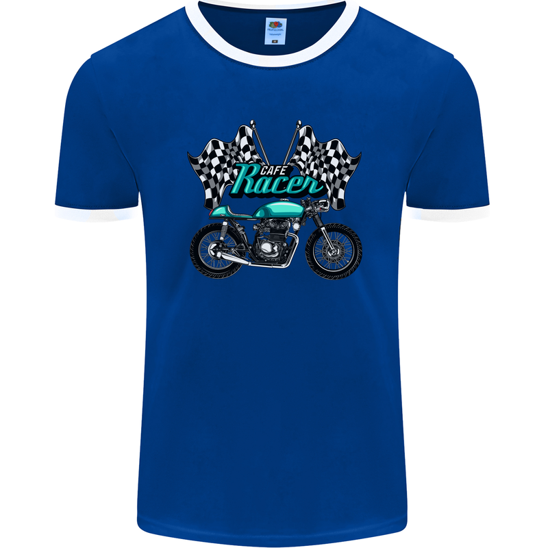 Cafe Racer Biker Motorcycle Motorbike Mens Ringer T-Shirt FotL Royal Blue/White