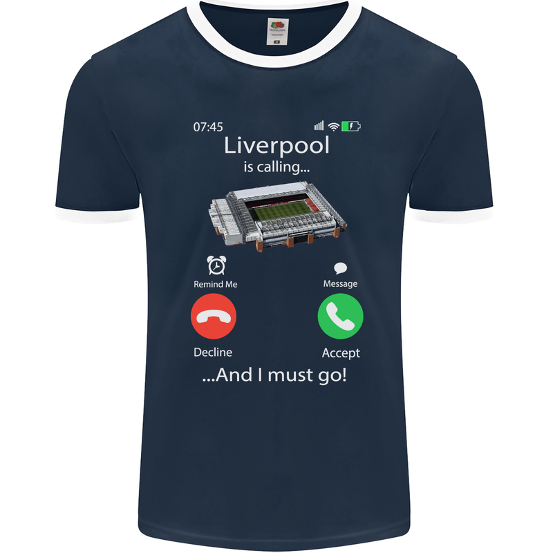 Liverpool Is Calling Funny Football Mens Ringer T-Shirt FotL Navy Blue/White