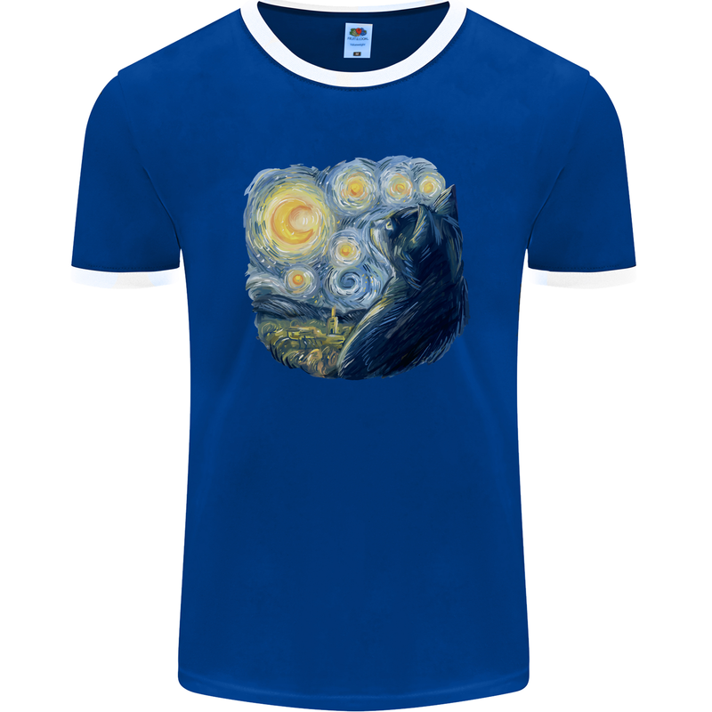 Cat Vangogh Funny Feline Painting Mens Ringer T-Shirt FotL Royal Blue/White