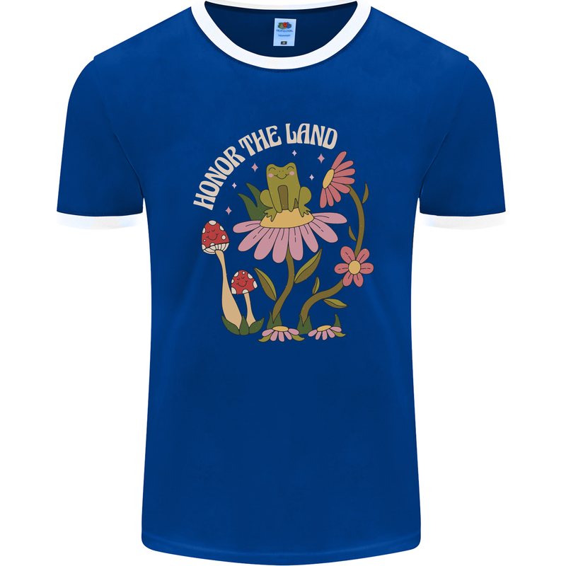 Honor the Land Frog Climate Change Hippy Mens Ringer T-Shirt FotL Royal Blue/White