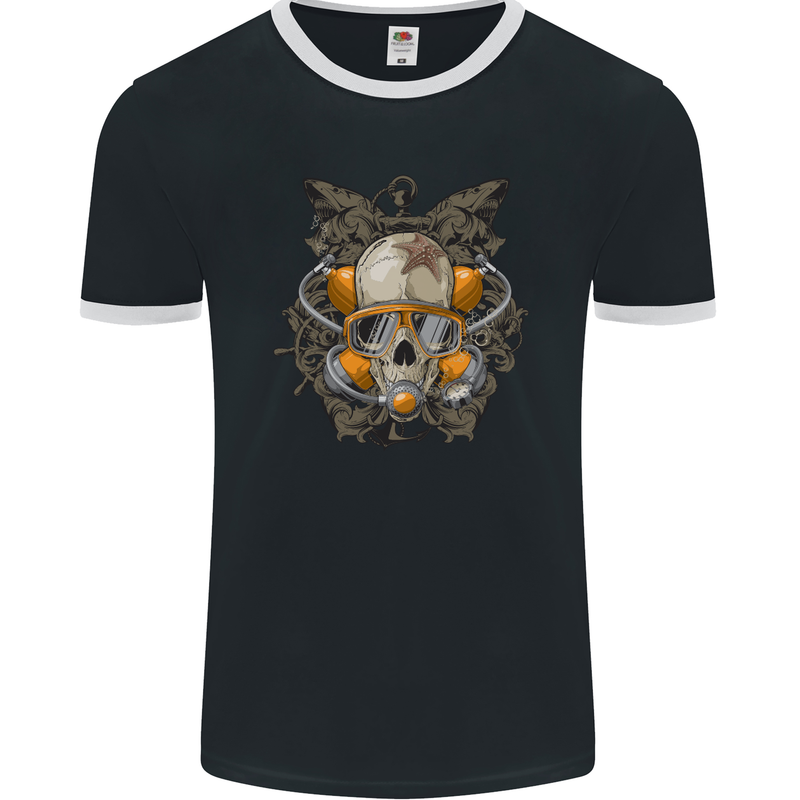 Scuba Diving Skull Diver Dive Mens Ringer T-Shirt FotL Black/White