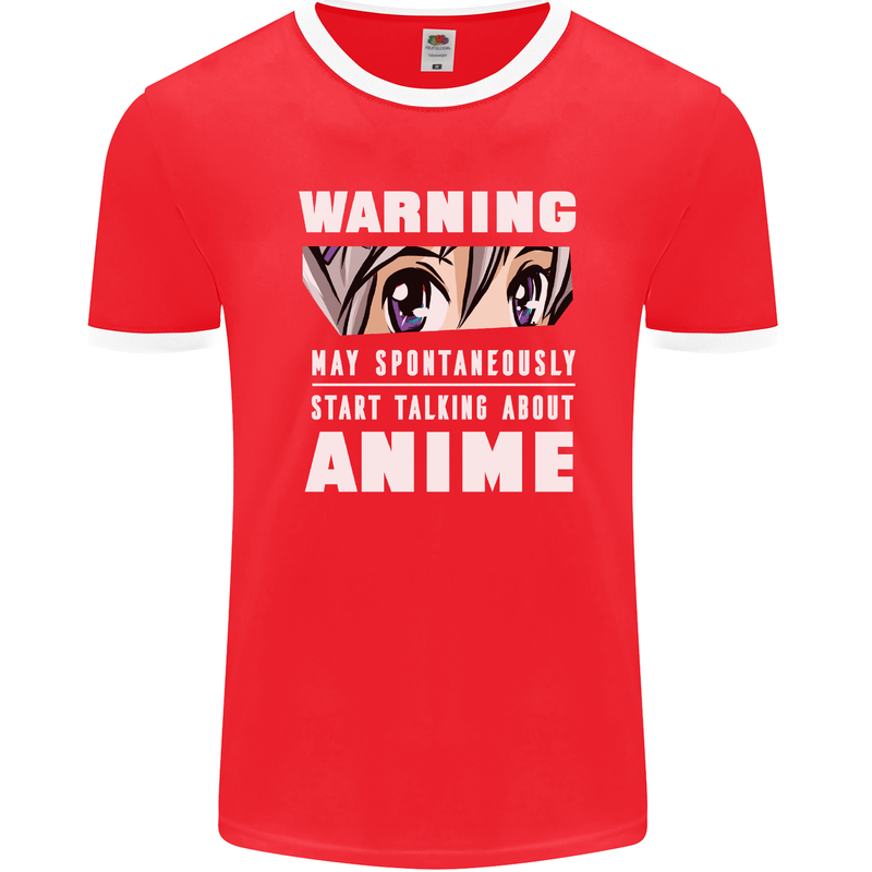 Warning May Start Talking About Anime Funny Mens Ringer T-Shirt FotL Red/White