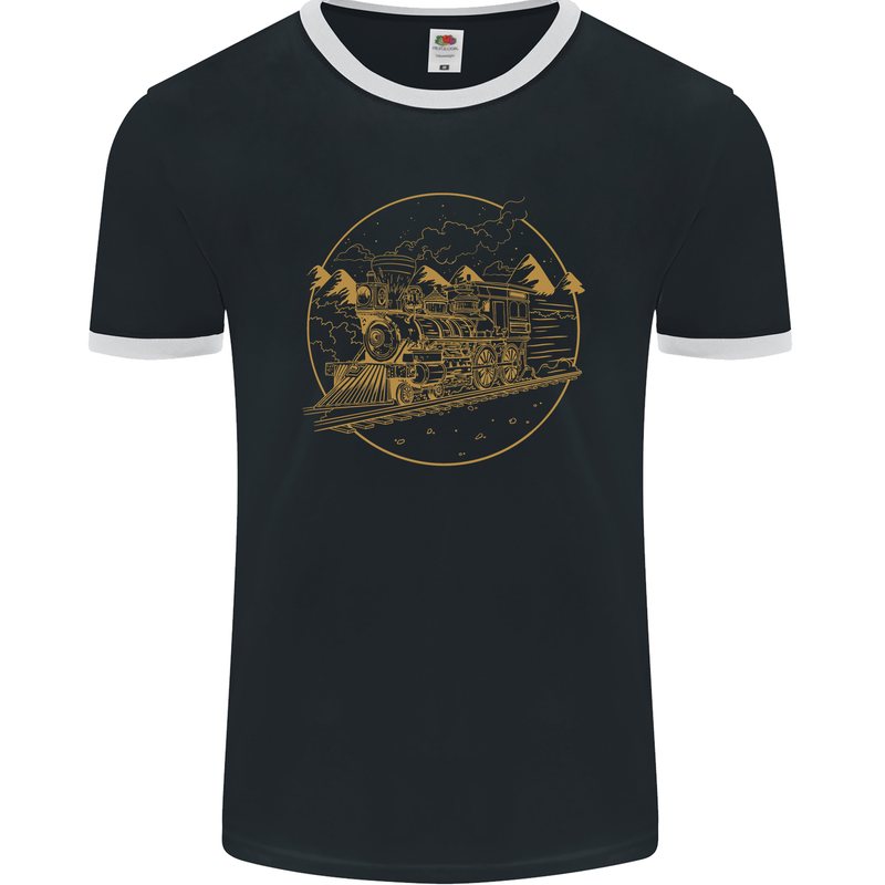 Gold Locomotive Steam Engine Train Spotter Mens Ringer T-Shirt FotL Black/White