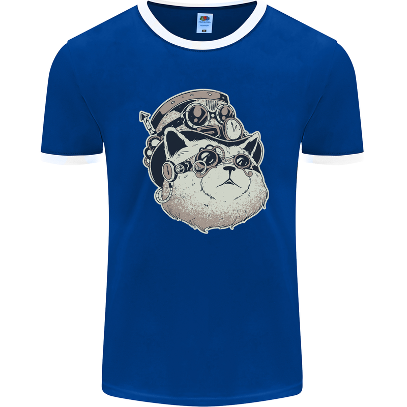 Steampunk Cat Mens Ringer T-Shirt FotL Royal Blue/White