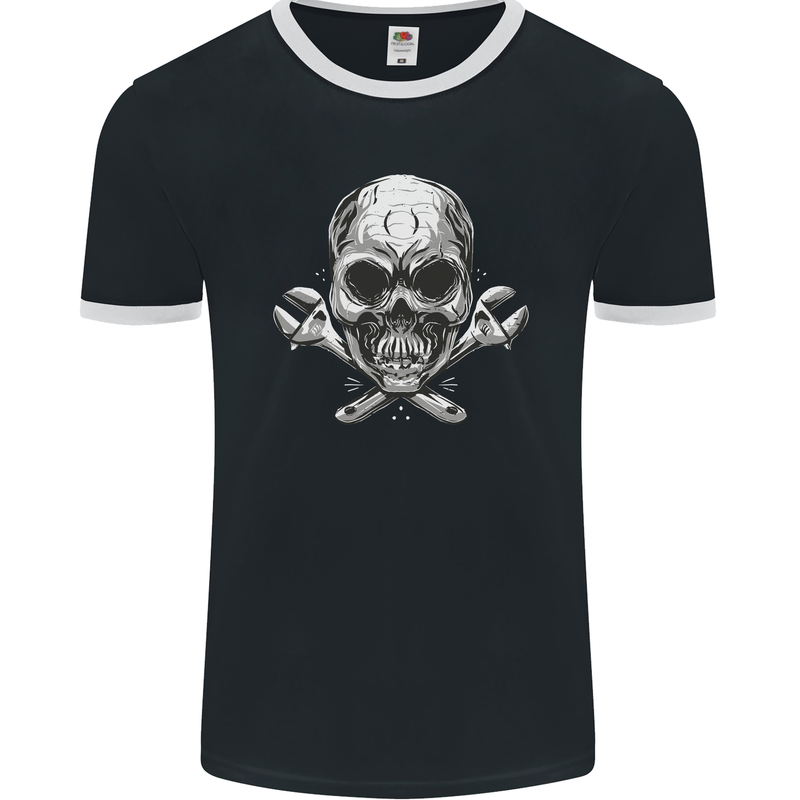 Spanner Skull Mechanic Biker Mens Ringer T-Shirt FotL Black/White