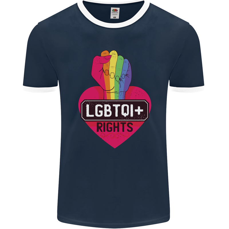 LGBTQI+ Rights Gay Pride Awareness LGBT Mens Ringer T-Shirt FotL Navy Blue/White