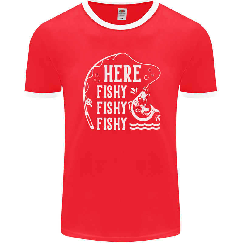 Here Fishy Fishy Funny Fishing Fisherman Mens Ringer T-Shirt FotL Red/White