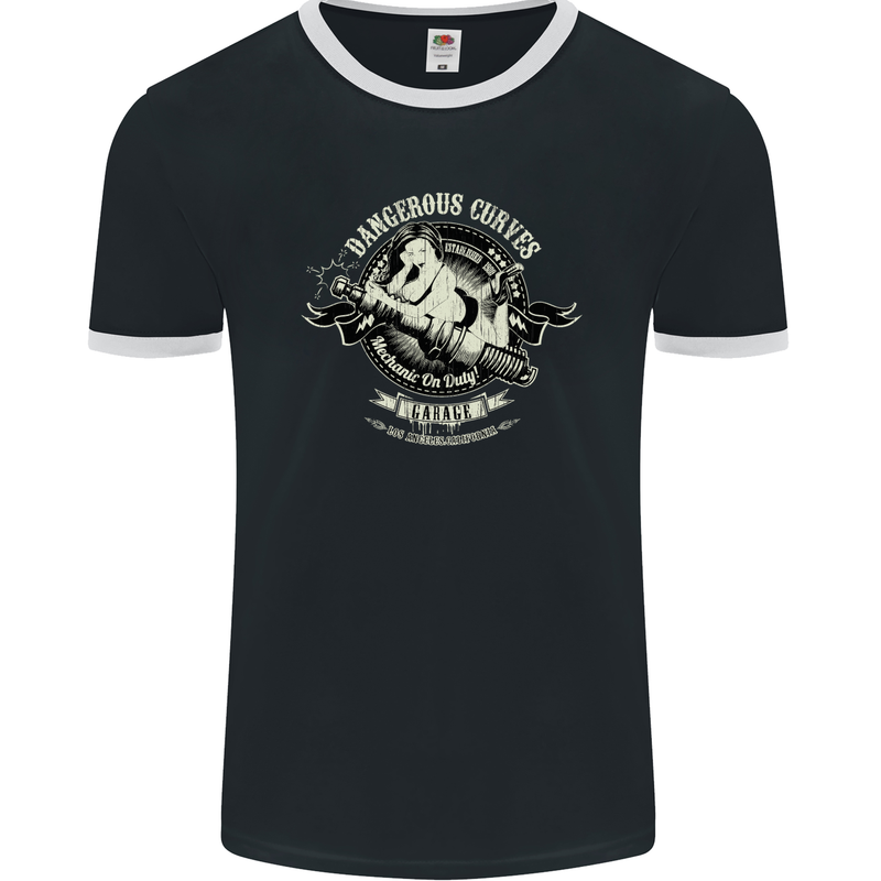 Dangerous Curves Mechanic on Duty Biker Mens Ringer T-Shirt FotL Black/White