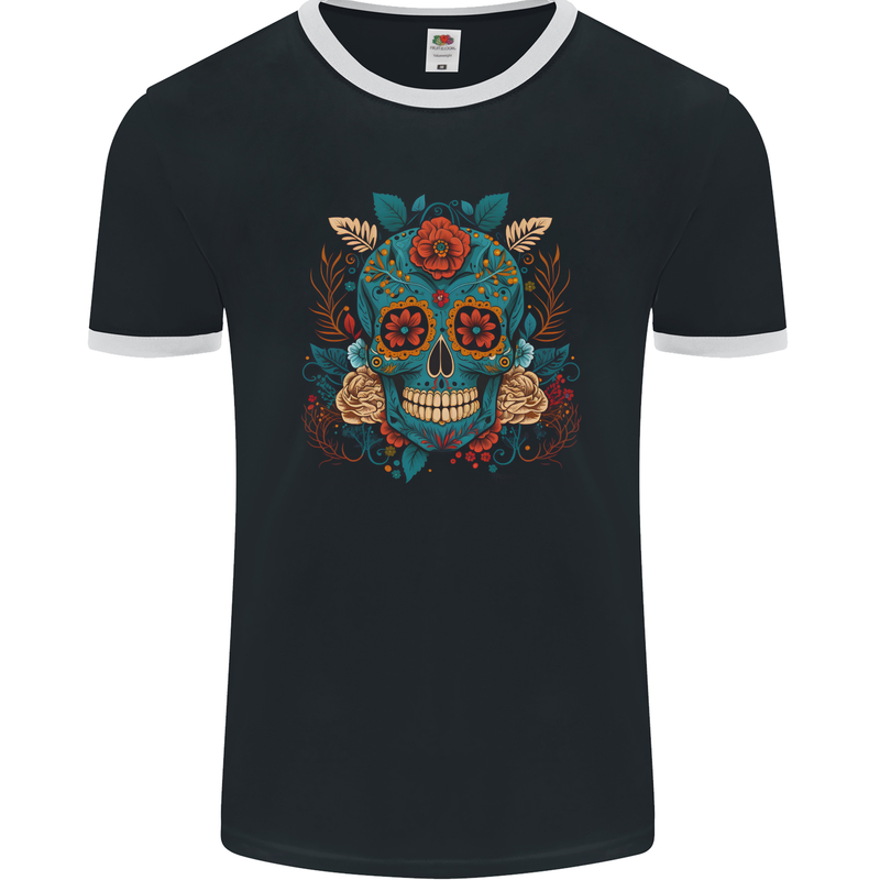 Day of the Dead Sugar Skull DOTD Mens Ringer T-Shirt FotL Black/White