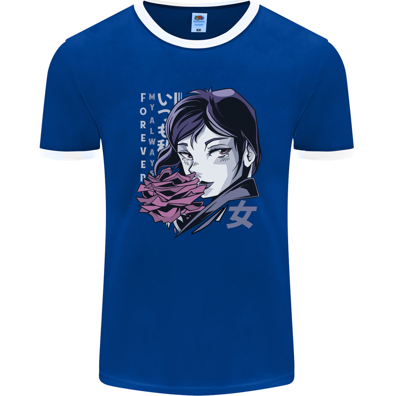 Anime Girl With Flowers Mens Ringer T-Shirt FotL Royal Blue/White