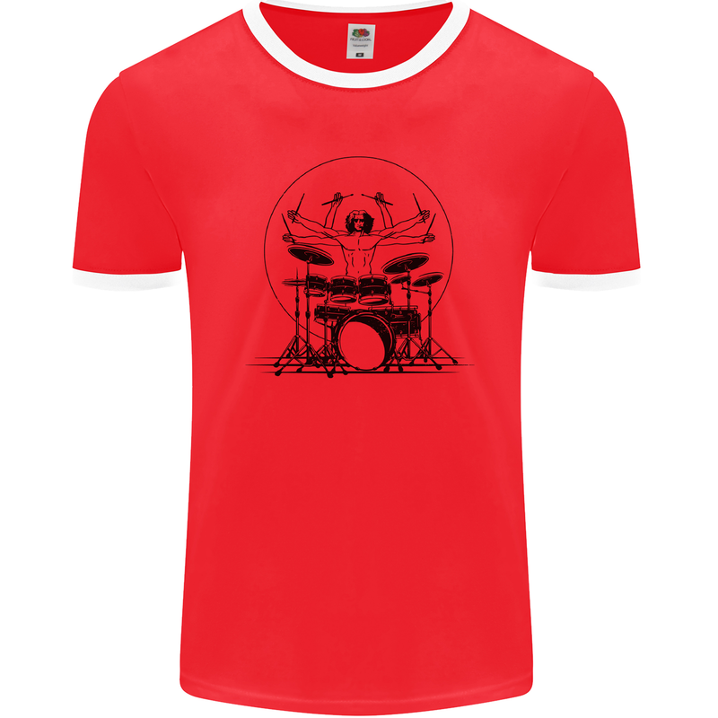 Virtruvian Drummer Funny Drumming Drum Mens Ringer T-Shirt FotL Red/White