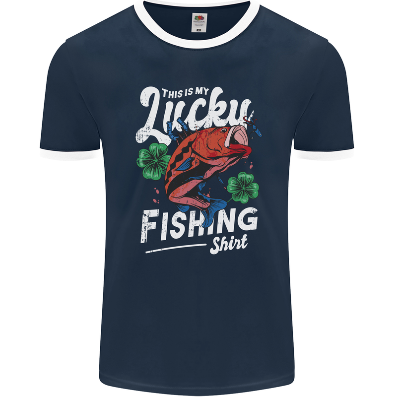 This Is My Lucky Fishing Funny Fisherman Mens Ringer T-Shirt FotL Navy Blue/White