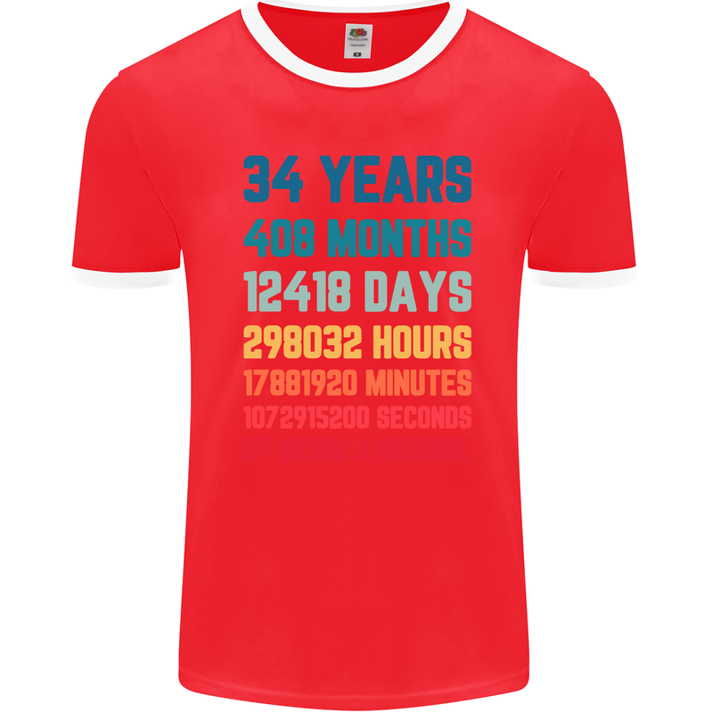 34th Birthday 34 Year Old Mens Ringer T-Shirt FotL Red/White
