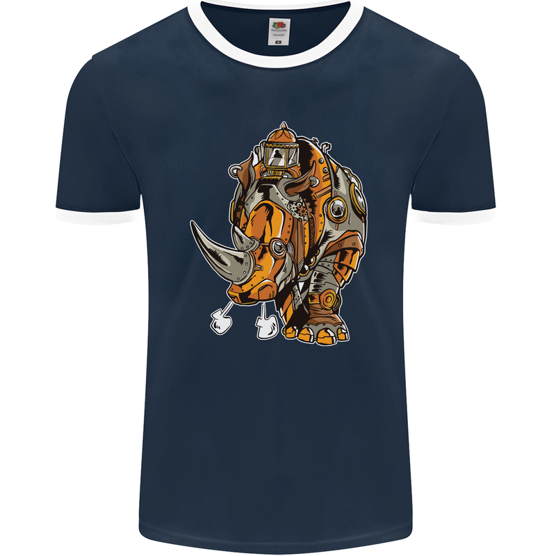 Steampunk Rhino Rhinoceros Mens Ringer T-Shirt FotL Navy Blue/White