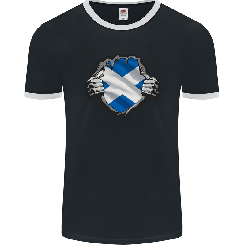 Scottish Flag Ripped Torn Gym Scotland Mens Ringer T-Shirt FotL Black/White