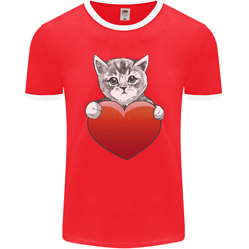 A Cute Cat With a Heart Love Valentines Day Mens Ringer T-Shirt FotL Red/White