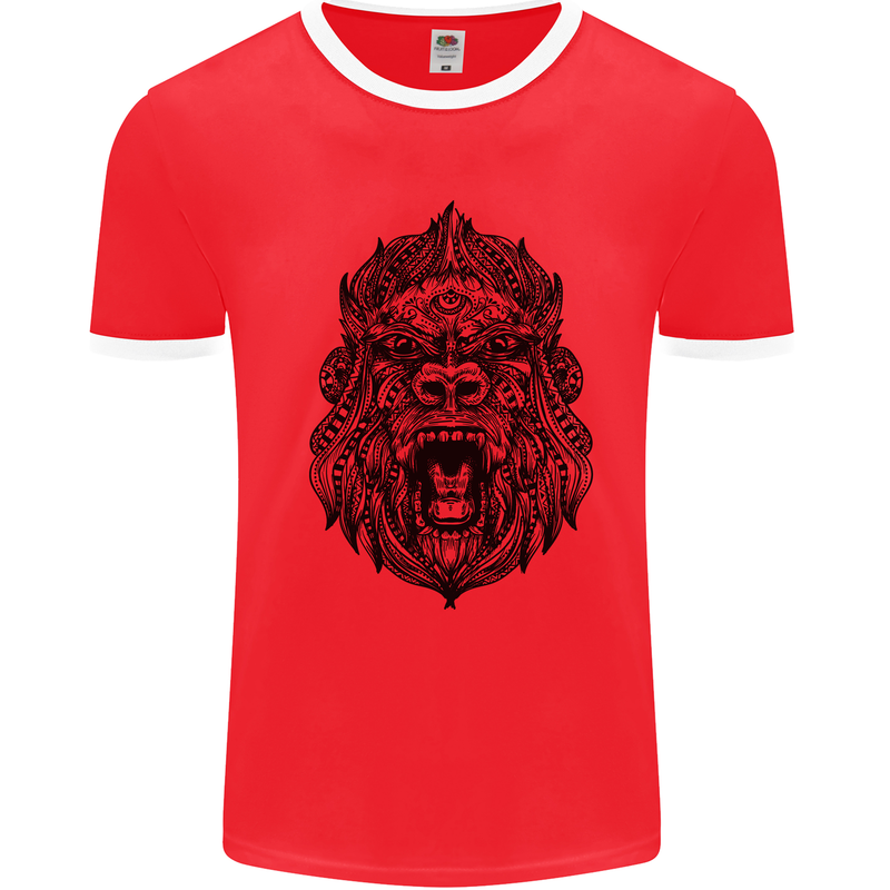Mandala Art Ape Mens White Ringer T-Shirt Red/White