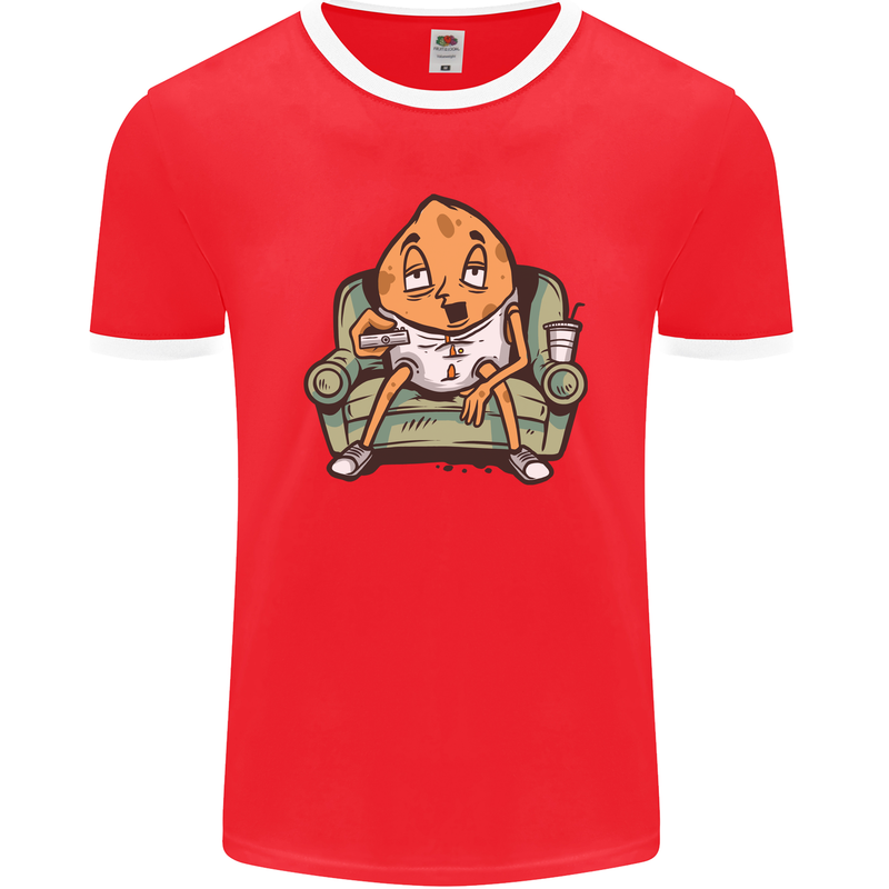 Funny Lazy Couch Potato Watchng TV Mens Ringer T-Shirt FotL Red/White