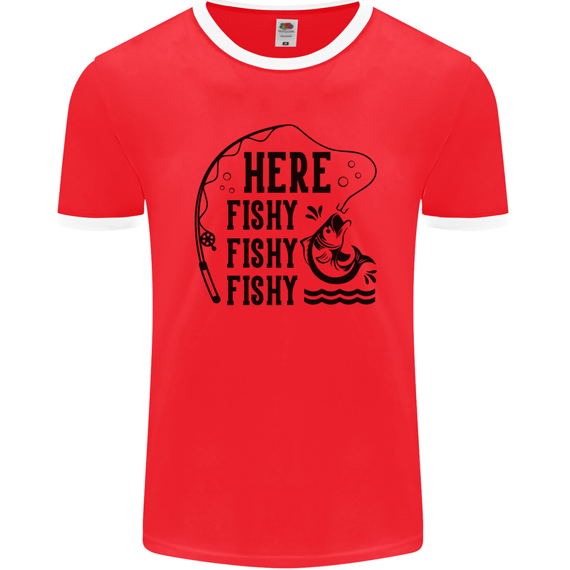 Here Fishy Fishy Funny Fishing Fisherman Mens Ringer T-Shirt FotL Red/White