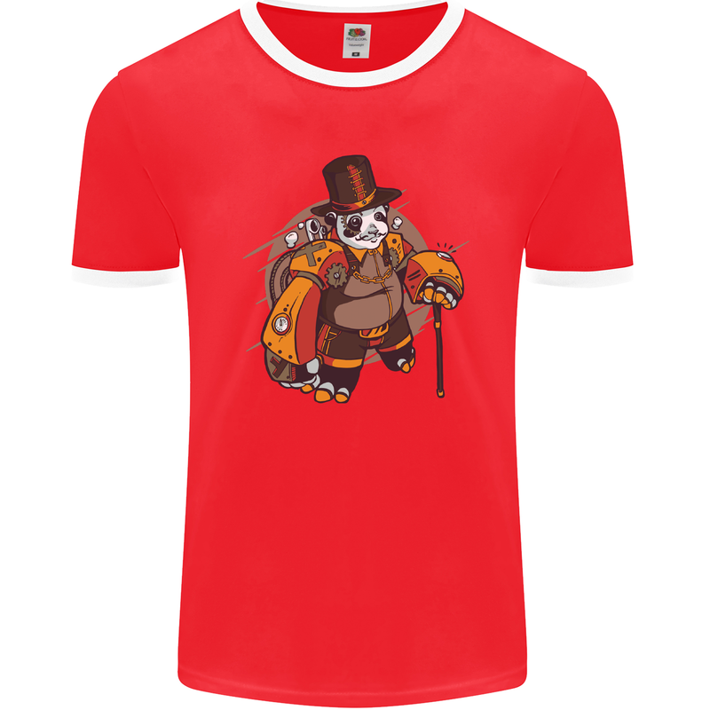 Steampunk Panda Bear Mens Ringer T-Shirt FotL Red/White